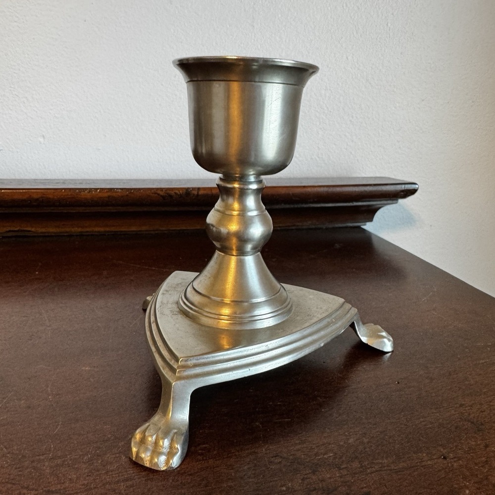5.5" Vintage Clawfoot Candlestick Triangle Base India Silver Colored Metal